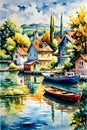 A clear summer day with small fishing boats, houses, a small city around the lake