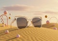 Clear Sunglasses on Sand Dune with Pastel Spheres Royalty Free Stock Photo