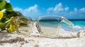 Clear Sunglasses on Sandy Beach with Ocean View Royalty Free Stock Photo