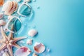 Clear sunglasses and seashells on the beach. Minimal summer holiday concept AI Image Royalty Free Stock Photo