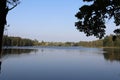 Clear sunny day and calm surface of Lake Birini with deciduous trees on the green shore Royalty Free Stock Photo