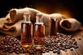 clear syrup bottles with coffee beans backdrop, under soft light