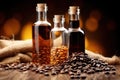 clear syrup bottles with coffee beans backdrop, under soft light