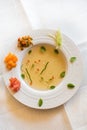 Clear tomato soup with chopped vegetables Royalty Free Stock Photo