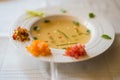 Clear tomato soup with chopped vegetables Royalty Free Stock Photo