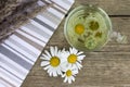 Clear transparent cup of camomile tea on vintage wooden background with dried herbs and daisy flowers. Royalty Free Stock Photo