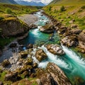 A clear turquoise river flows through a rocky valley surrounded Royalty Free Stock Photo