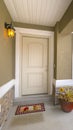 Clear Vertical White front door and reflective window of a home against road and cloudy sky