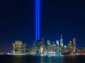 Clear view from Brooklyn of 911 memorial tribute light in Manhattan, New York City