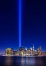 Clear view from Brooklyn of 911 memorial tribute light in Manhattan, New York City