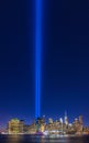 Clear view from Brooklyn of 911 memorial tribute light in Manhattan, New York City