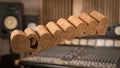 Clear view of cork baffles in midair against blurred recording studio representing biodegradable acoustic design Royalty Free Stock Photo