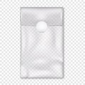 Clear vinyl pouch with white round seal sticker on transparent background vector mock-up. Blank empty fold top plastic bag
