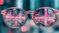 Clear vision of financial technology advancements through glowing cityscape reflection in eyeglasses, symbolizing digital progress Royalty Free Stock Photo