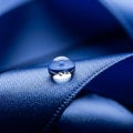 A clear water droplet sits on a smooth blue fabric with a satin like texture Royalty Free Stock Photo