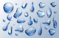 Clear water drops, dew or dripping rain droplets isolated on transparent background. Vector realistic set of pure aqua. Royalty Free Stock Photo