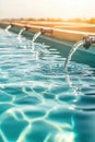 Clear water flows from metal spouts into a bright blue pool. Sunlight reflects on the moving surface. Serene view of refreshing Royalty Free Stock Photo
