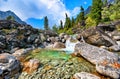 Clear water of a mountain stream and a small waterfall