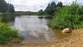 In the clear water by the sandy beach on the shore of the lake lies a large stone. A reed grows next to it. On the opposite shore Royalty Free Stock Photo