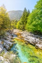 Clear water of Soca River at Small Soca Gorge Royalty Free Stock Photo