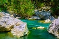 Clear waters of river in Preveli gorge, Crete island, Greece. Royalty Free Stock Photo