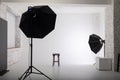 Clear white cyclorama. Light background with with professional lighting equipment. Plain wall empty photo studio. Royalty Free Stock Photo