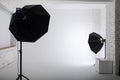 Clear white cyclorama. Light background with with professional lighting equipment. Plain wall empty photo studio. Royalty Free Stock Photo