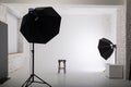 Clear white cyclorama. Light background with with professional lighting equipment. Plain wall empty photo studio. Royalty Free Stock Photo
