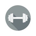 A clear white dumbbell icon with weights and shadow inside a grey circular shape representing fitness and strength Royalty Free Stock Photo