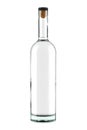 Clear White Glass Vodka, Gin, Rum or Tequila Bottle with Liquid and Cork Isolated on White Background.