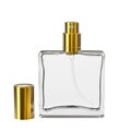 Clear White Perfume Bottle and Golden Cap Isolated on White Background.