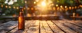 Clear wooden stage with a blurred view of a grills beer cooler. Concept Wooden Stage, Beer Cooler, Outdoor Event, Summer Party,