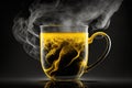 clear and yellow with black steam coming from a hot drink