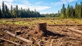 Cleared forest showing stumps and discarded trees