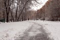 Cleared path in the yard of the house in a residential area. Heavy snowfall in the city