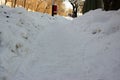 A cleared winding pedestrian path in a city park after a snow storm, winter maintenance of paths in the city. Royalty Free Stock Photo