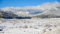 White Winter Snowfield Nature Landscape By The Cascade Mountain Range On A Blue Sky Sunny Bright Day , Snoqualmie Pass, WA, USA