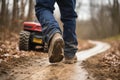 Close up of a man\'s foot walking on a muddy country road Royalty Free Stock Photo