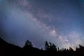 Clearly milky way galaxy at dark night, silhouette of trees Royalty Free Stock Photo