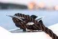 Cleat and rope, yacht detail Royalty Free Stock Photo