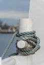 Cleated line securing docked fishing boat