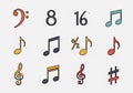 Clef, numbers 8 and 16, colored quarter and eighth notes, a sixteenth Royalty Free Stock Photo