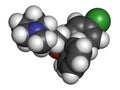 Clemastine (meclastine) antihistamine drug molecule. Used to treat allergy and itching. 3D rendering. Atoms are represented as