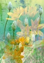 Clematis flower buds and yellow flowers on an abstract background