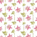 Vector illustration of exotic pink flowers and leaves. Floral pattern.