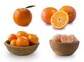 Clementines on a white background. Fresh tangerines with copy space for text. Slices of mandarin with leaves isolated on white bac