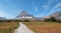 CLEMENTS MOUNTAIN TOWERING ABOVE HIDDEN LAKE HIKING TRAIL ON LOGAN PASS DURING 2017 FALL FIRES IN GLACIER NATIONAL PARK MONTANA US Royalty Free Stock Photo