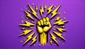 A clenched fist amid yellow bolts exudes energy and empowerment on purple.