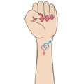 Clenched fist. On the arm is a tattoo with the symbol of heterosexuality. Sign of protest. Vector illustration. Female hand. Royalty Free Stock Photo