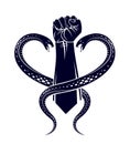 Clenched fist with two snakes classic style tattoo vector vintage symbol.